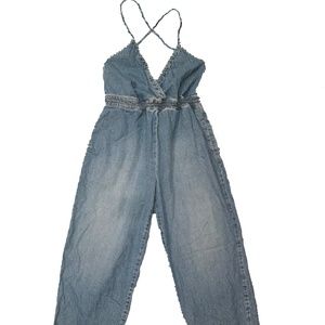 Etica Birdie Halter Light Wash Denim Jumpsuit with pockets Size Small